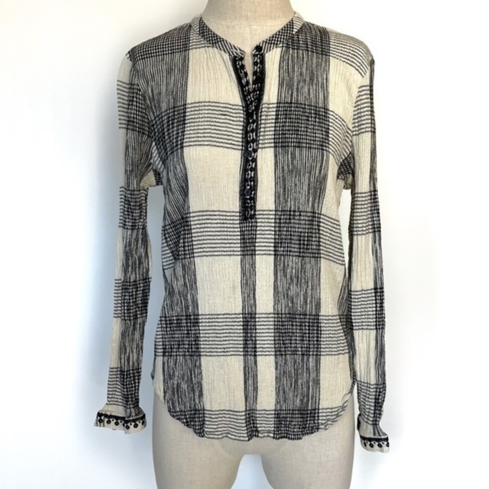 Lucky Brand Plaid Long Sleeve Crinkle Blouse Cream & Black Stripes Size Medium